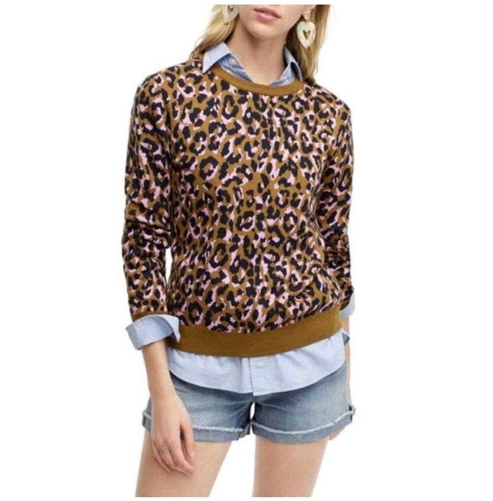 J.Crew Sweater Womens Large Crew Neck Mod Leopard Bronzed Merino Wool Cotton